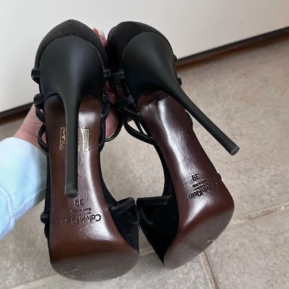 Calvin Klein Collection Black Satin Suede‎ Platform Pumps with Strap Size 9 8.5